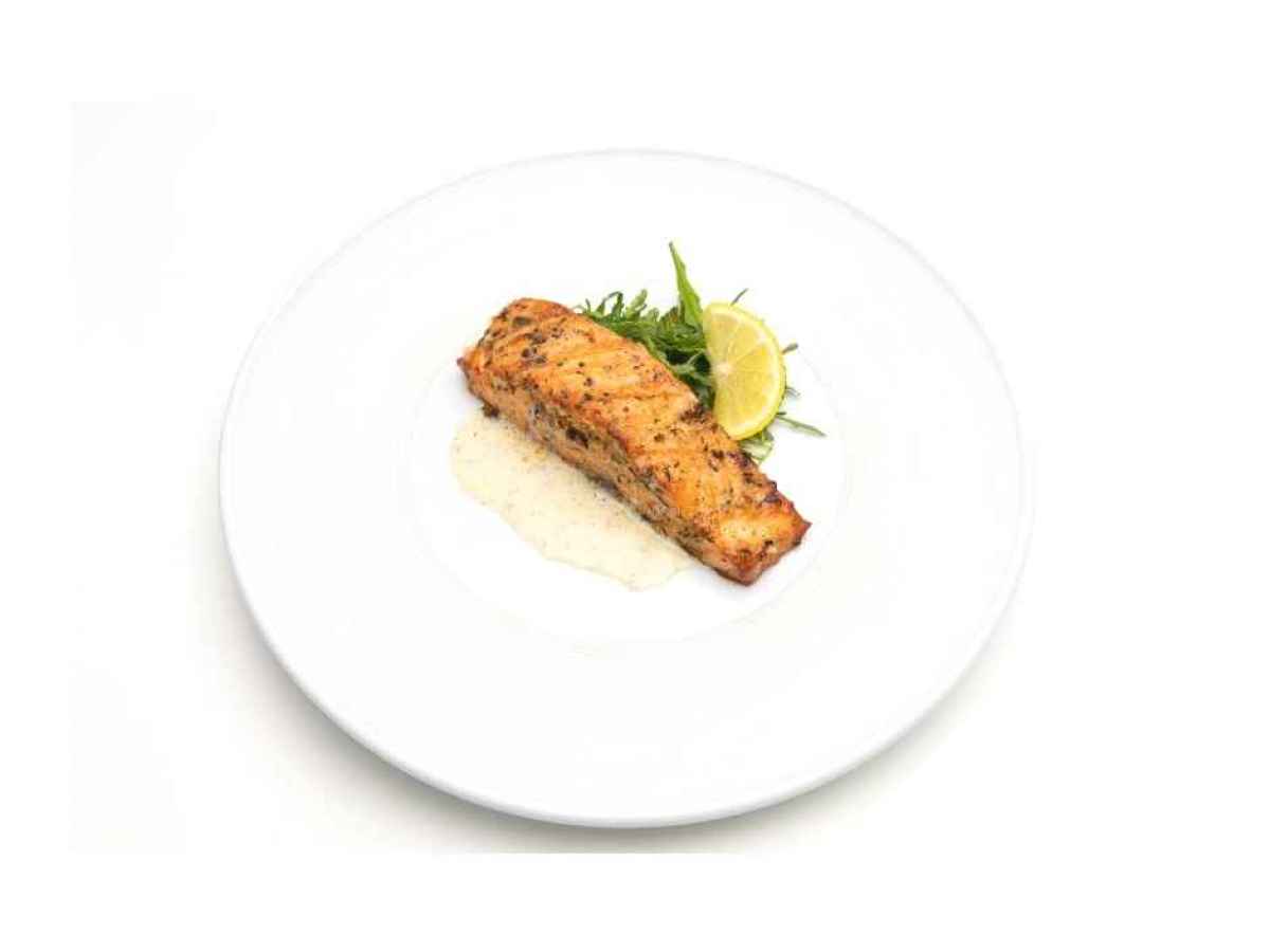 a plate of food Made with Alaskan salmon, shallots, dill herb and cream. Gluten Free. Contains Dairy.