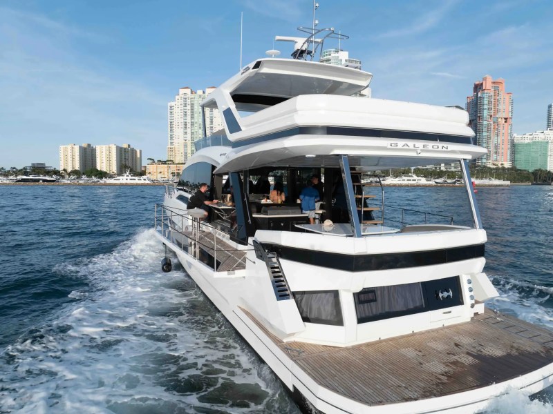 68' Galeon yacht charter Miami cruising with skyline views