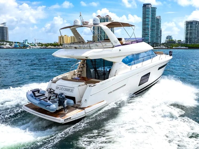 62′ Prestige yacht aerial view cruising Miami Beach waters