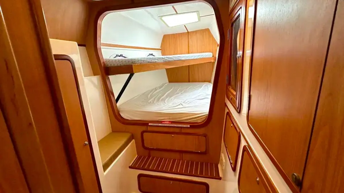 Stateroom upholstery detail on 52′ Africat Miami