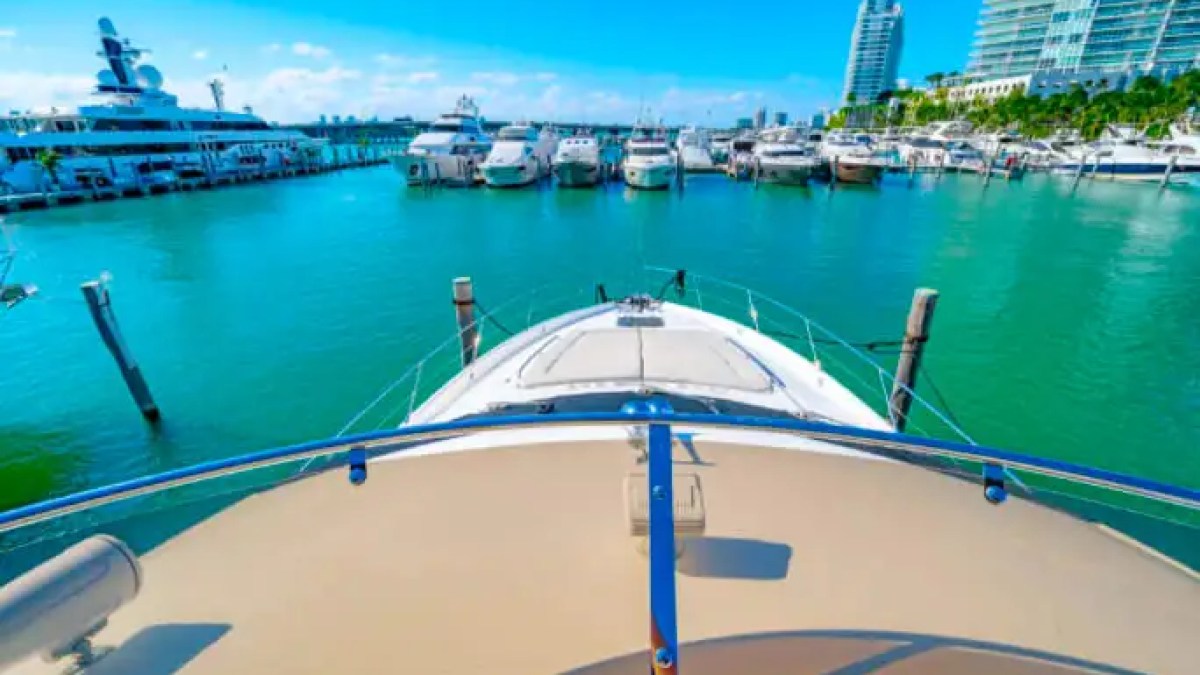 75' Sunseeker yacht charter bow view overlooking Miami Beach marina
