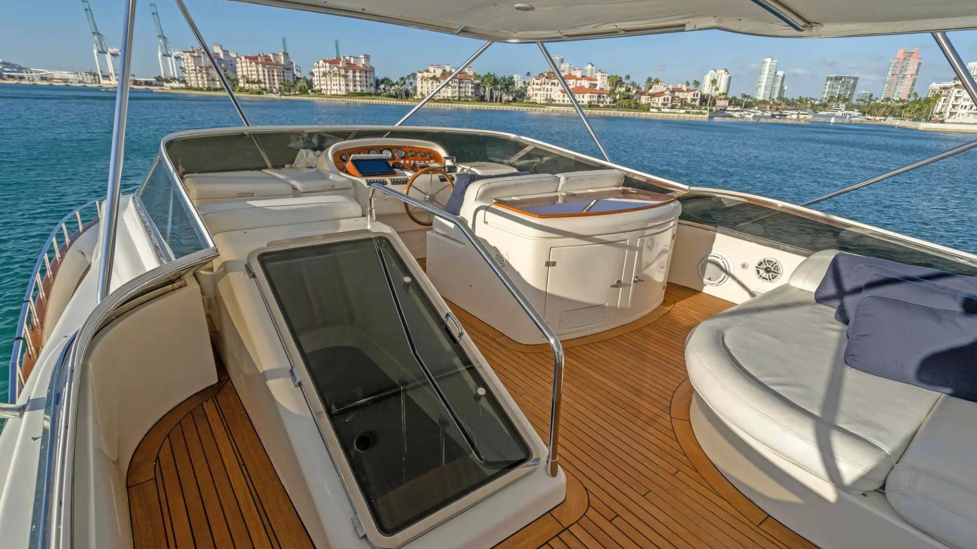 90' Azimut yacht charter flybridge helm seating Miami Beach Biscayne Bay