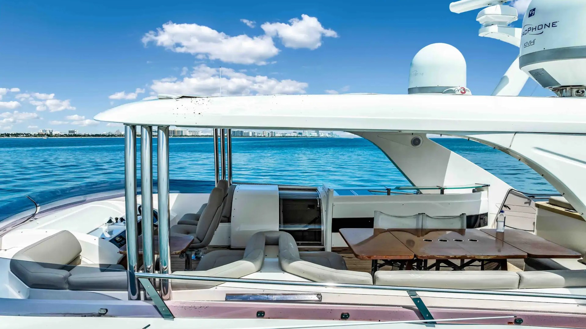 88' Princess yacht charter flybridge lounge dining Miami Beach Biscayne Bay