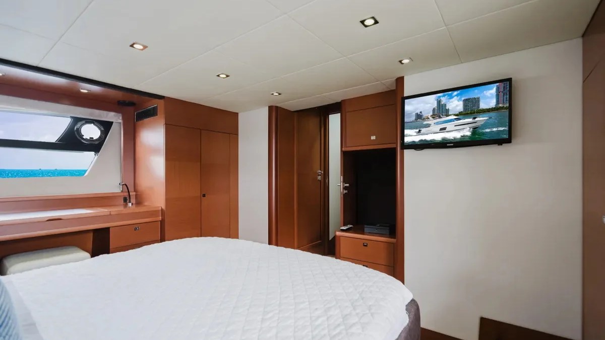 Master stateroom inside the 62′ Prestige luxury yacht rental in Miami Beach