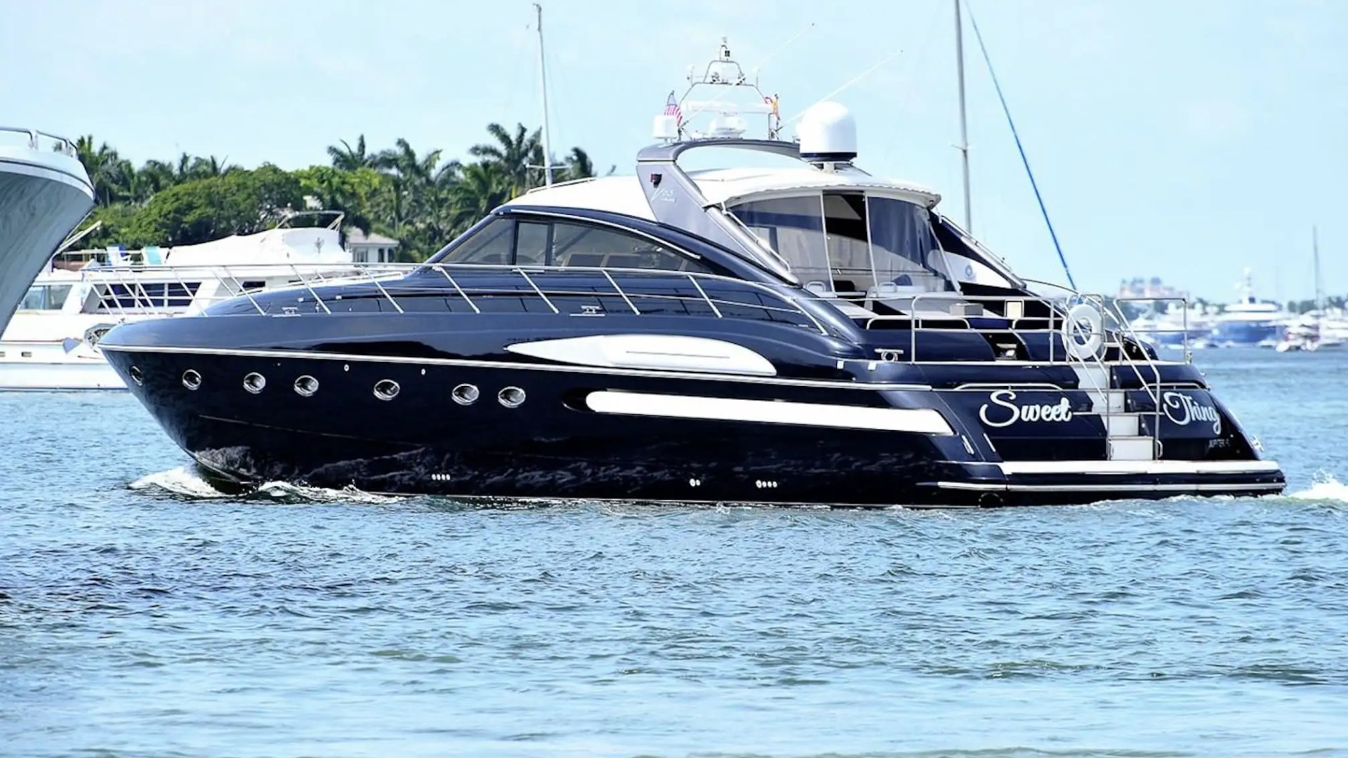 70' Princess yacht charter cruising Miami Beach waters side profile