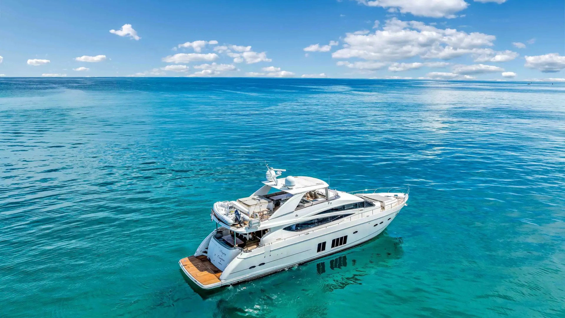 aerial view 88' Princess yacht charter anchored Miami Beach Biscayne Bay