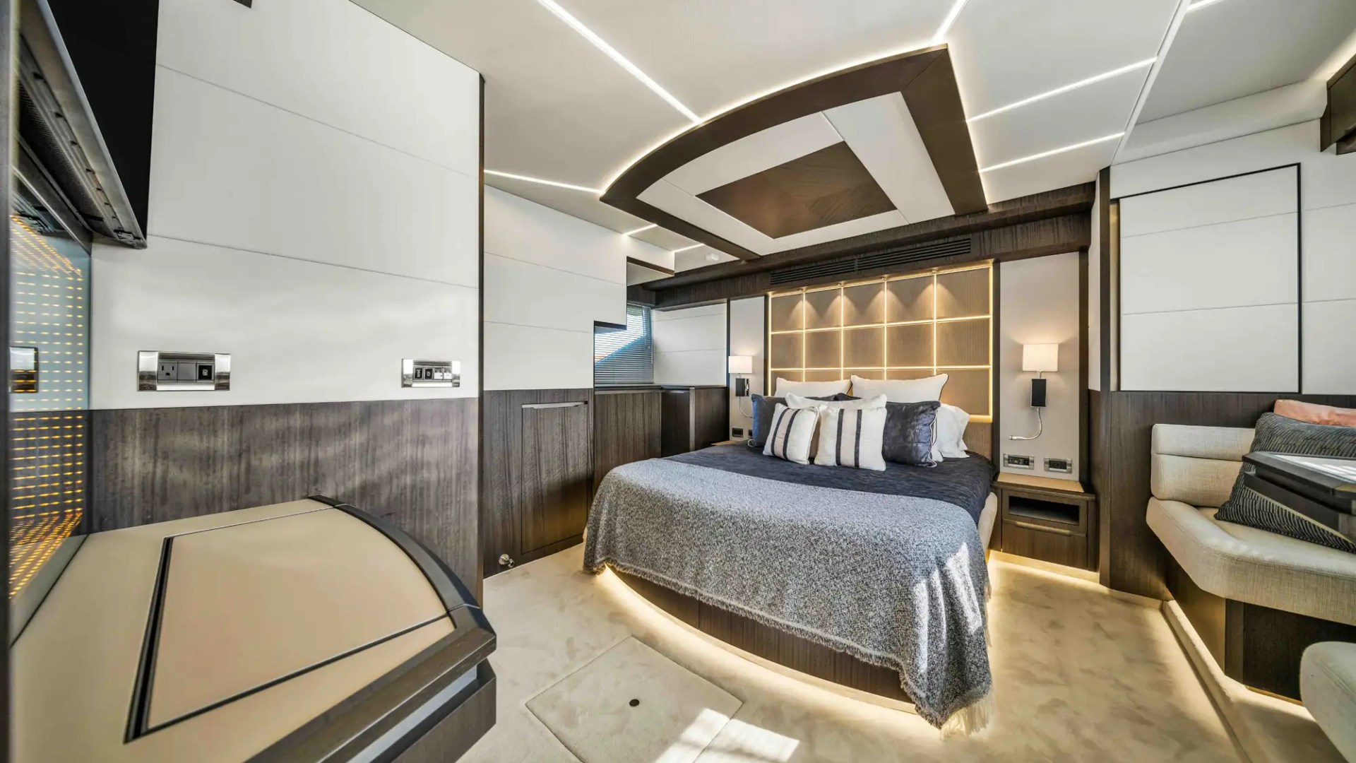 68' Galeon yacht charter Miami Beach luxury stateroom cabin interior