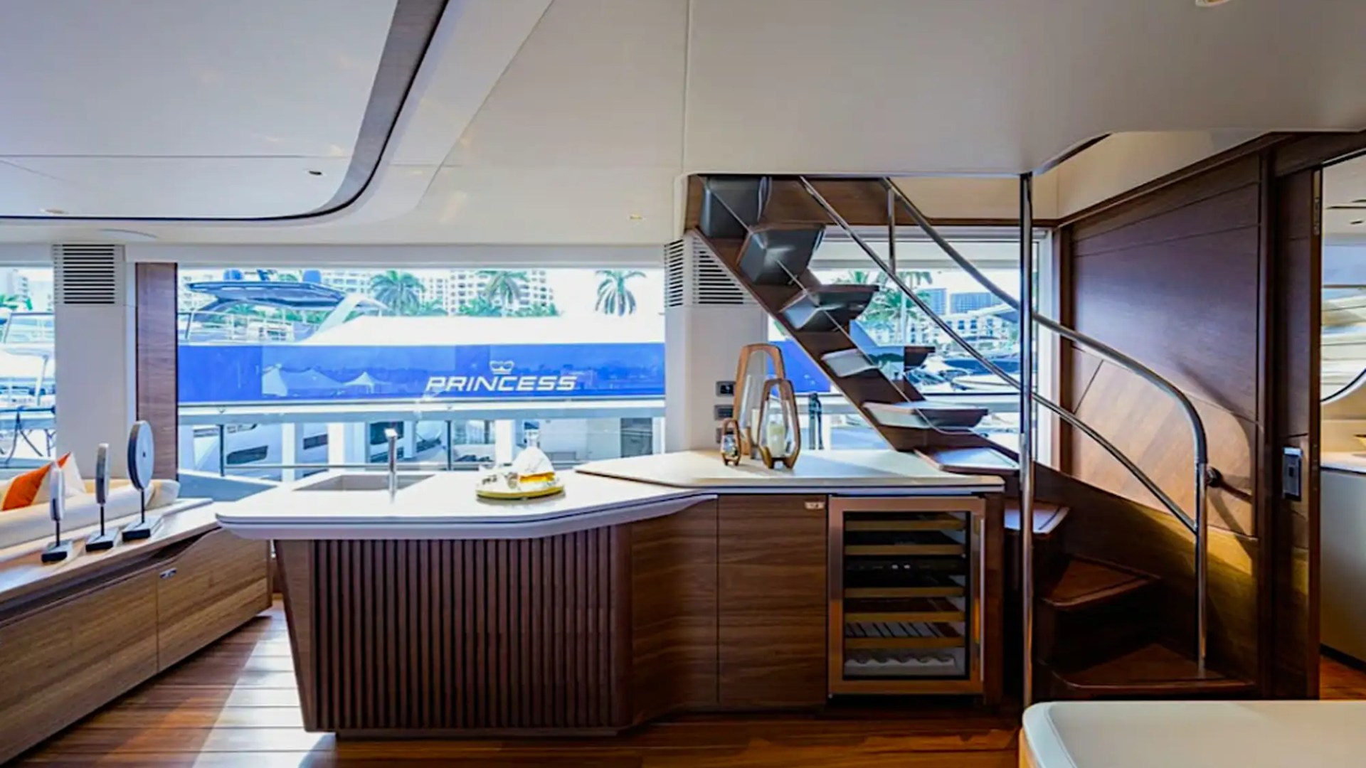 Bar detail inside salon on 100′ Princess Miami