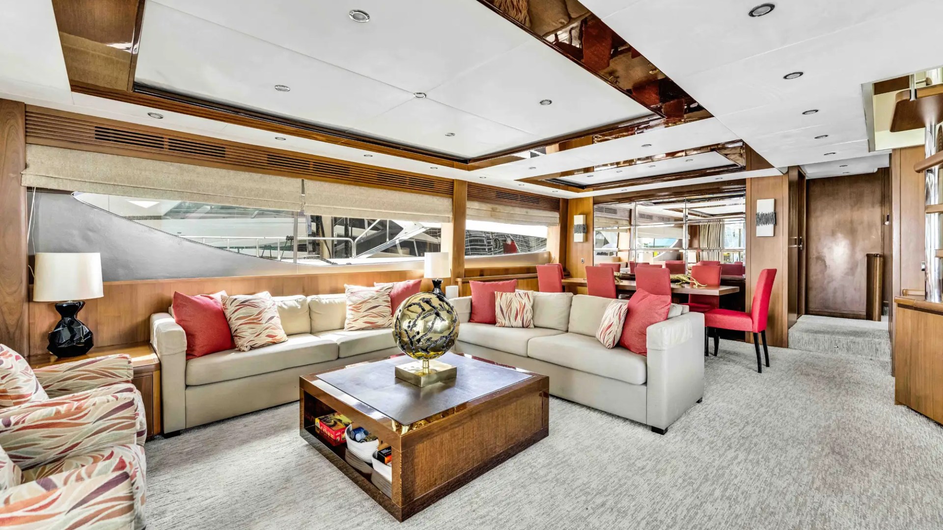 88' Princess yacht charter luxury salon seating Miami Beach interior
