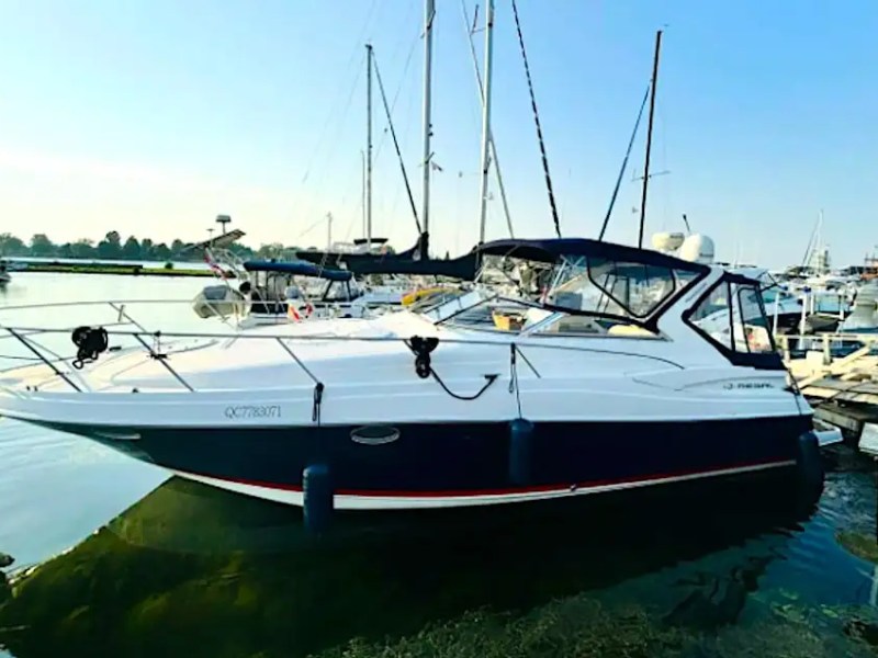 Marina views frame this 40' Regal Boat Rental in Sarasota, showcasing the sleek cruiser profile, enclosed cockpit, and waterfront dock setting near Sarasota Bay.