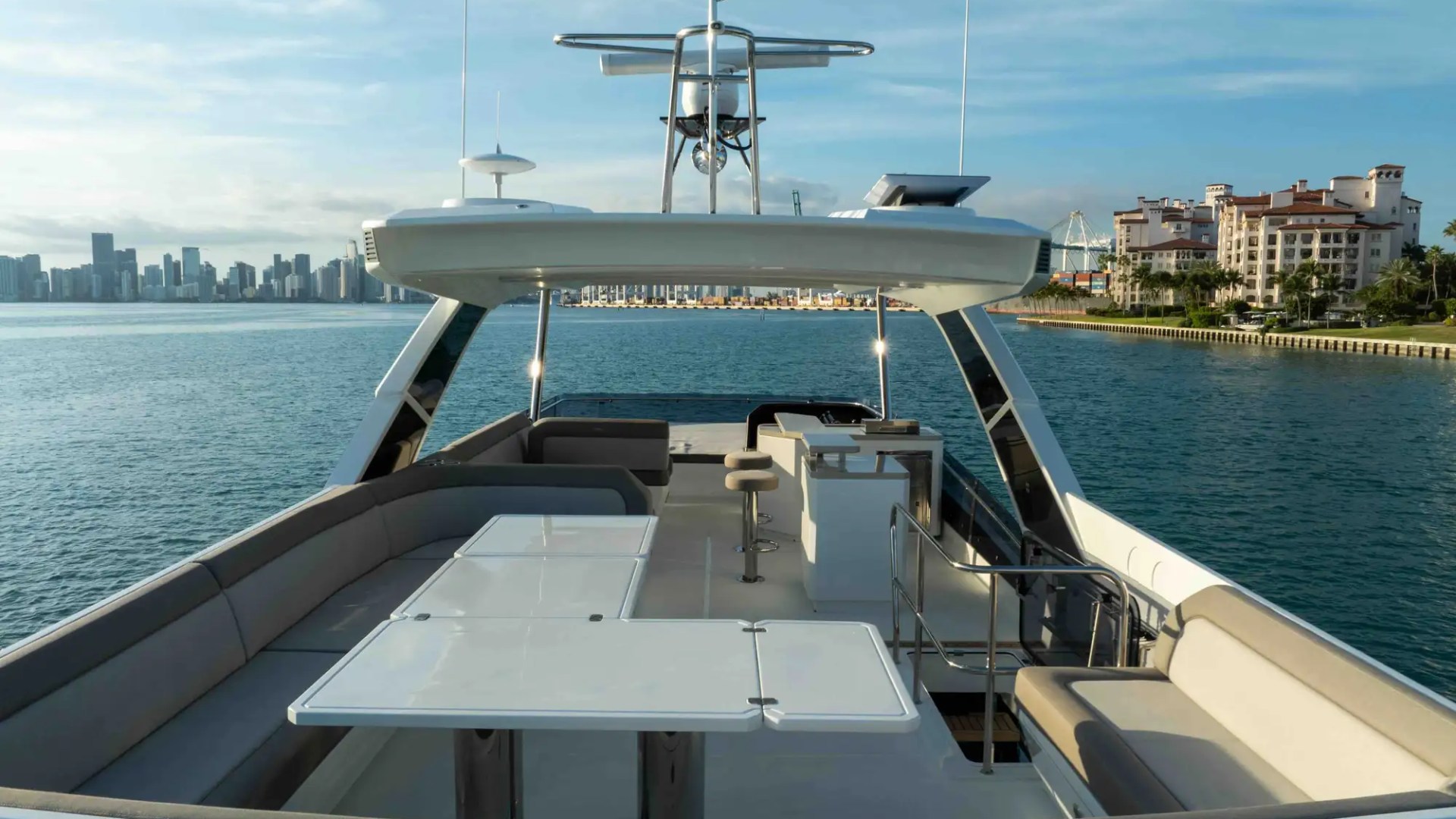 68' Galeon yacht charter Miami Beach flybridge lounge dining and bar