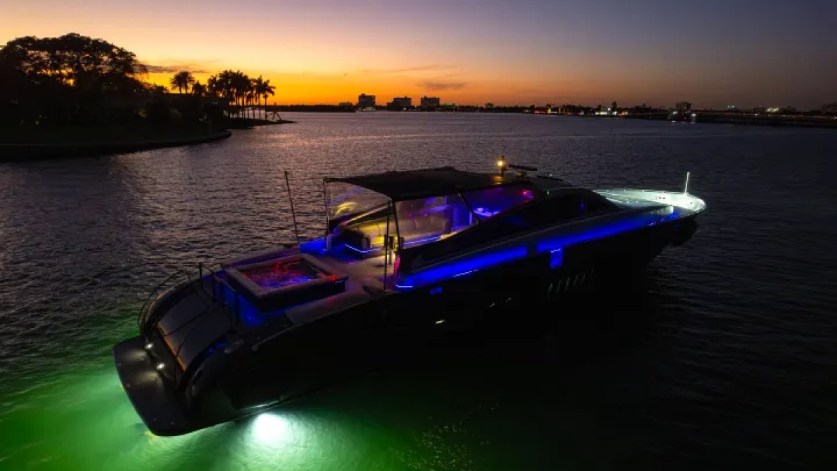 High-angle side drone view of 94′ Leopard Miami