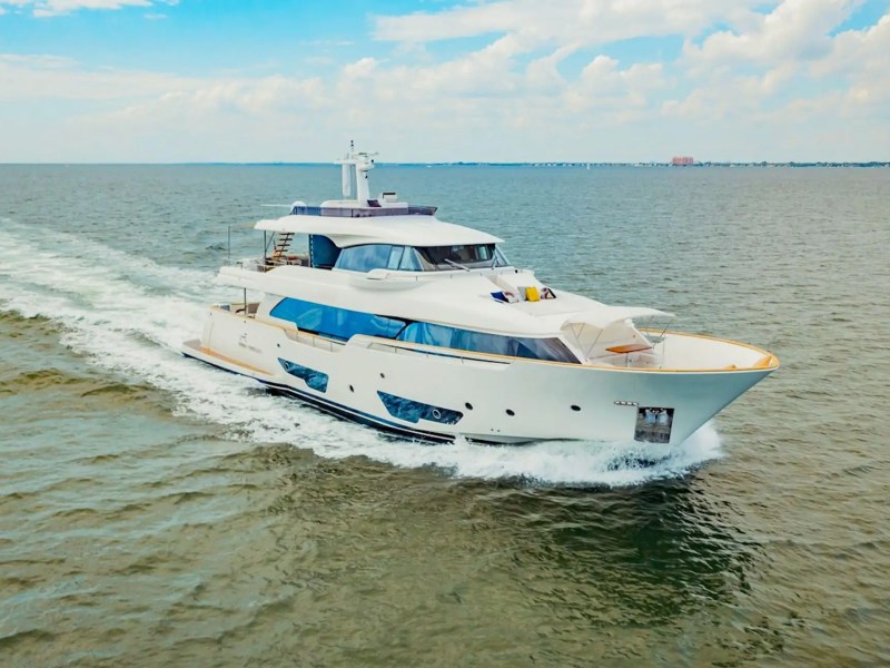 Aerial cruising pass of 95′ Custom Line Miami