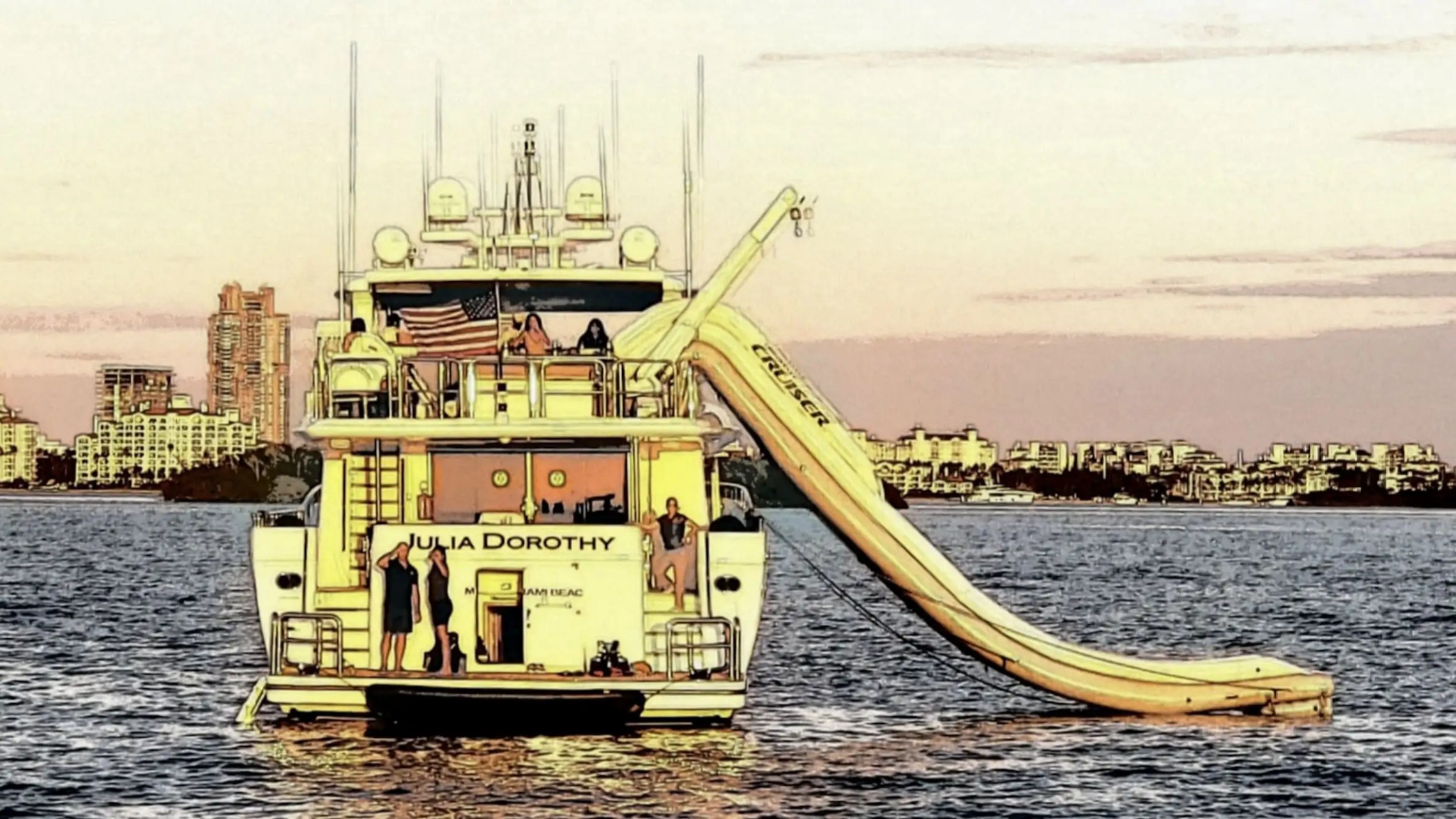Aft deck at twilight on 103′ Johnson Key Biscayne