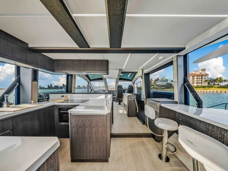 68' Galeon yacht charter Miami luxury salon and galley interior
