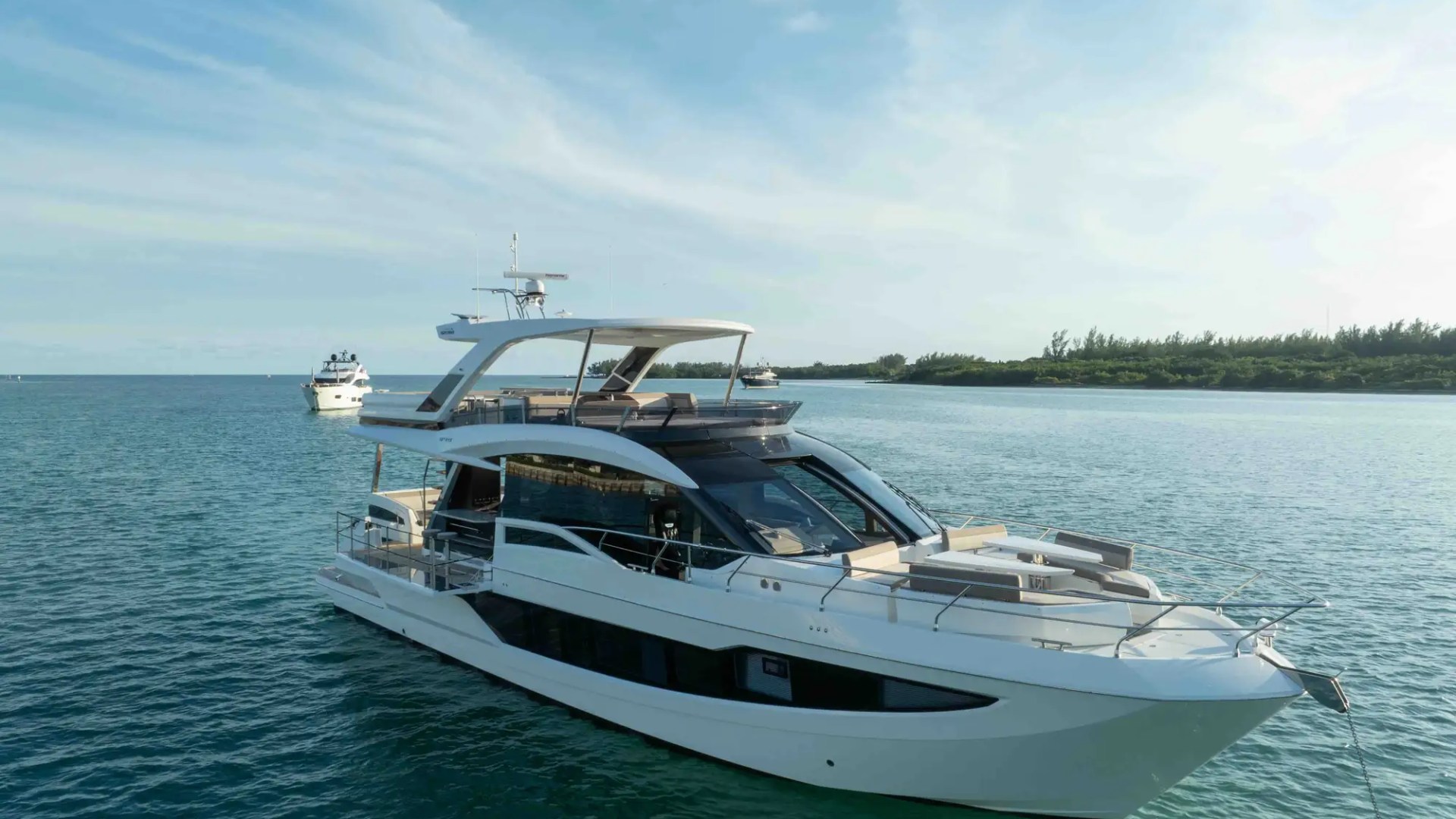 68' Galeon luxury yacht charter Miami Beach aerial view anchored in Biscayne Bay