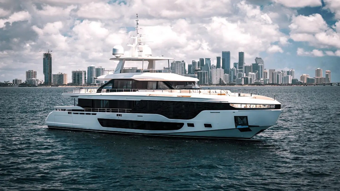 Aerial side pass of 118′ Azimut Miami