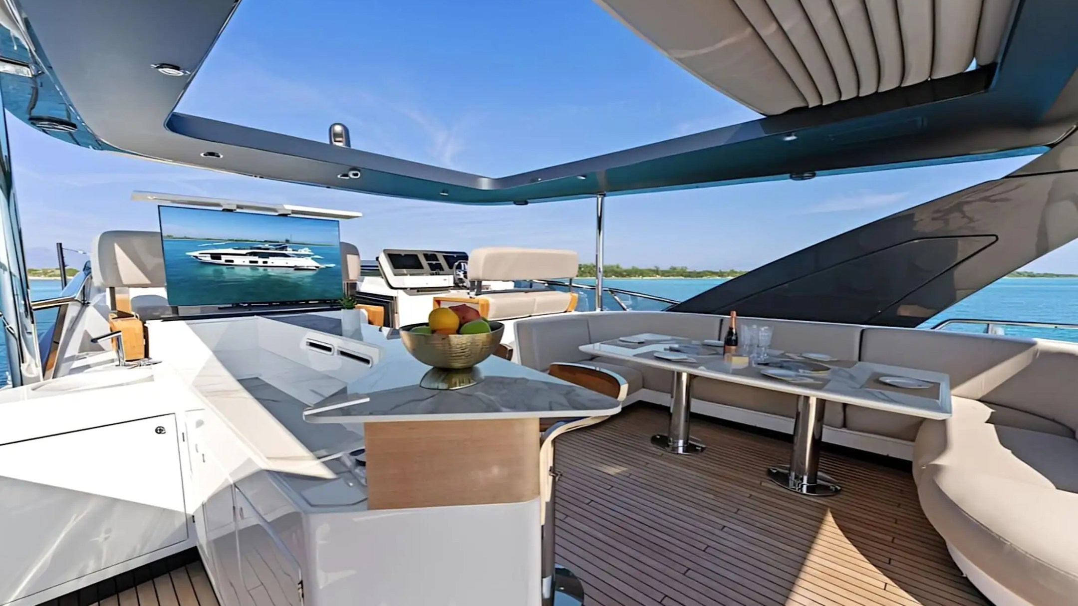 Flybridge helm station on 88′ Azimut Miami