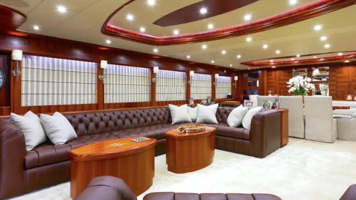 Main saloon couches on 103′ Johnson Key Biscayne