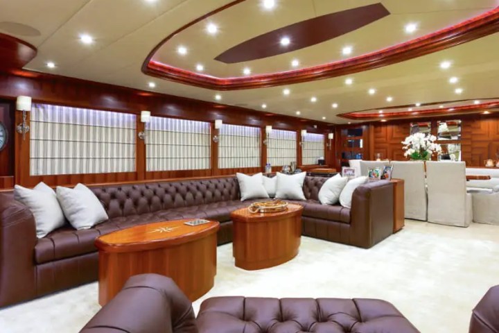 Main saloon couches on 103′ Johnson Key Biscayne