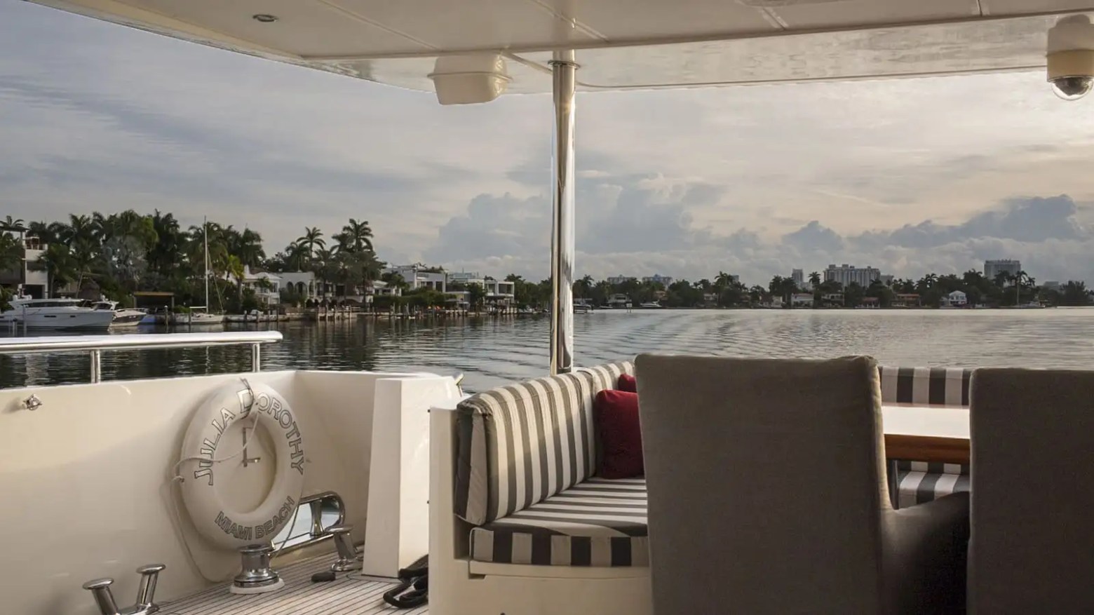 Stern leisure zone with ottomans on 103′ Johnson Key Biscayne