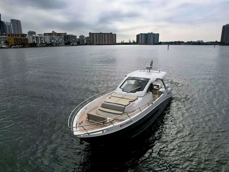 Bow seating area with water view at sunrise