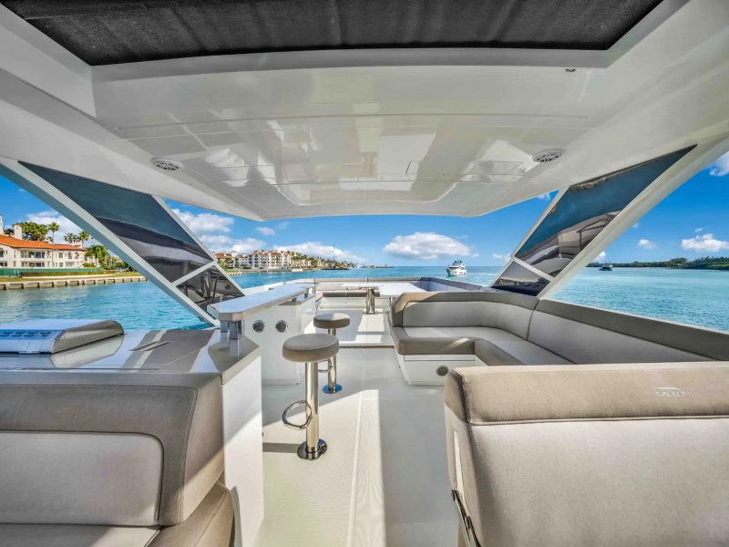 68' Galeon yacht charter Miami flybridge lounge and bar seating