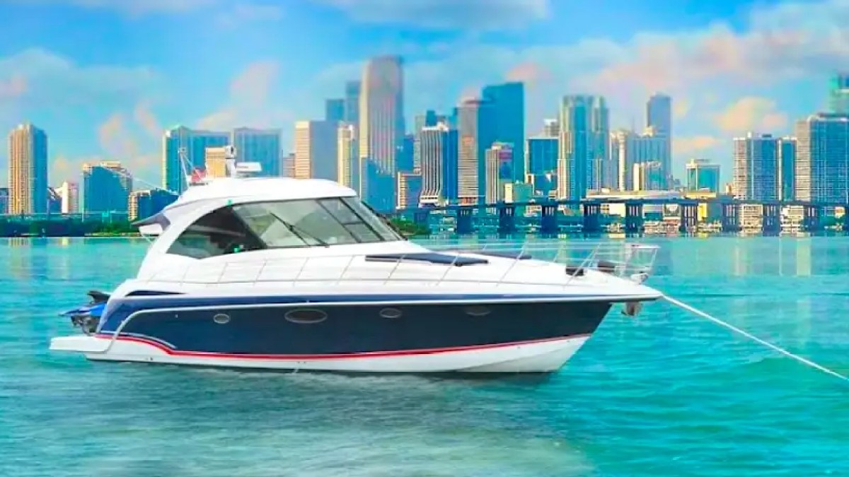 48′ Formula boat drone overhead anchored near sandbar