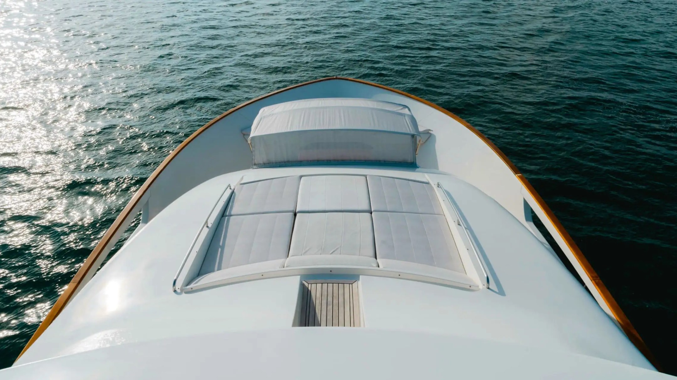 Bow skyline view on 95′ Custom Line Miami