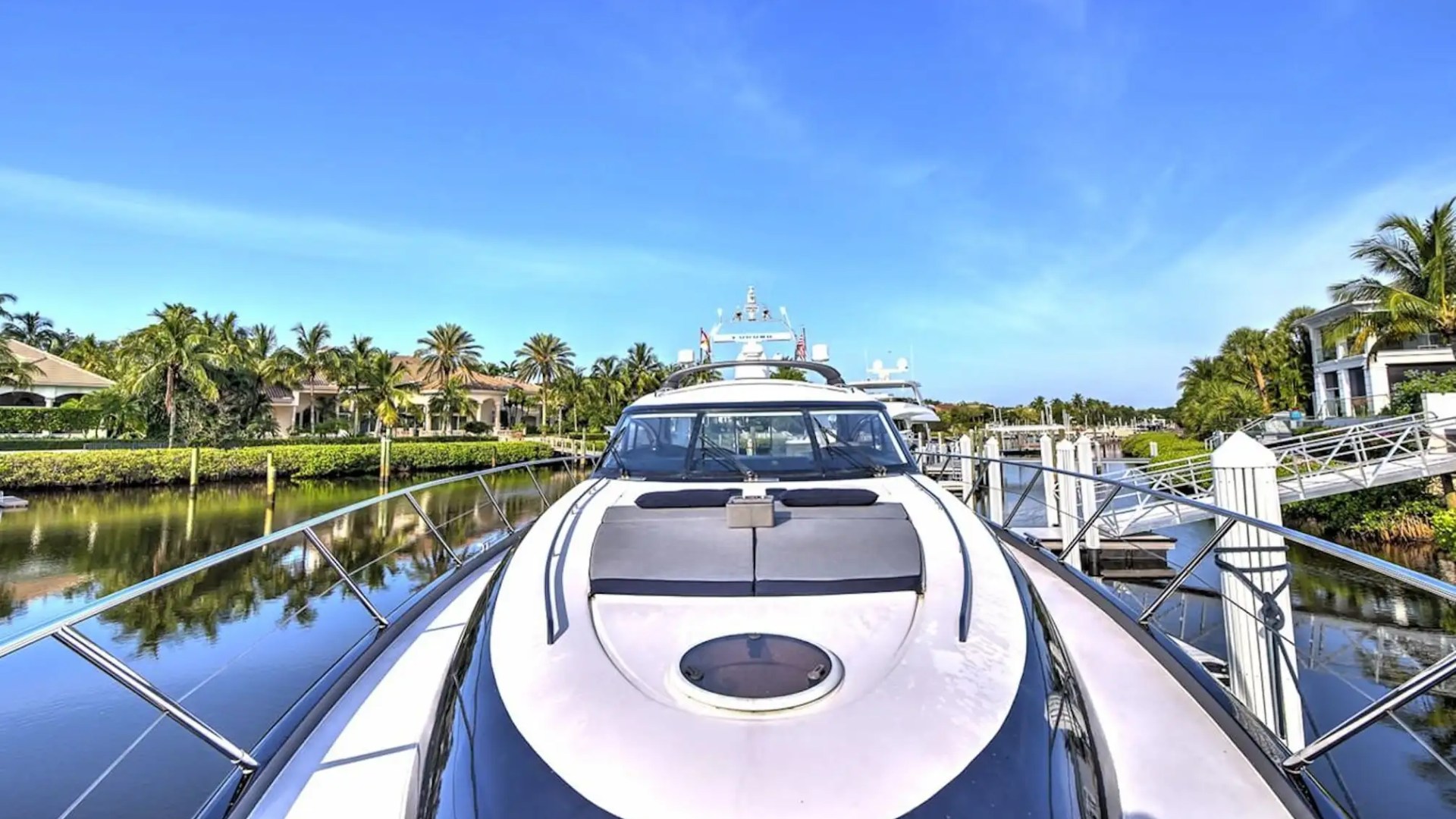 70' Princess yacht bow sunpad and foredeck view at marina Miami Beach