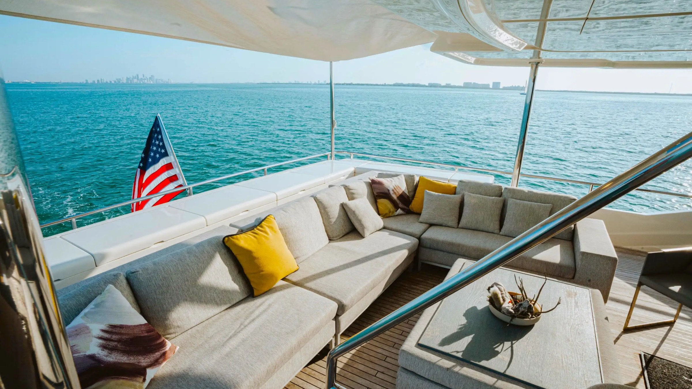 Aft shade lounge on 95′ Custom Line Miami