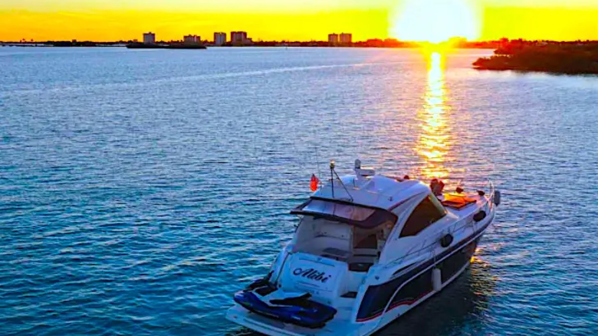 48′ Formula boat top-down view Biscayne Bay cruising