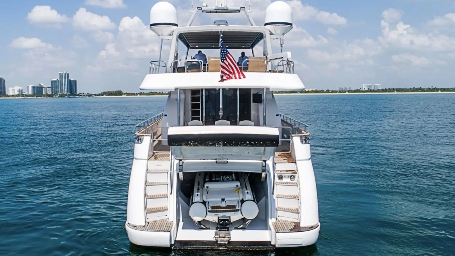 Drone shot of 85′ Azimut anchored off Miami