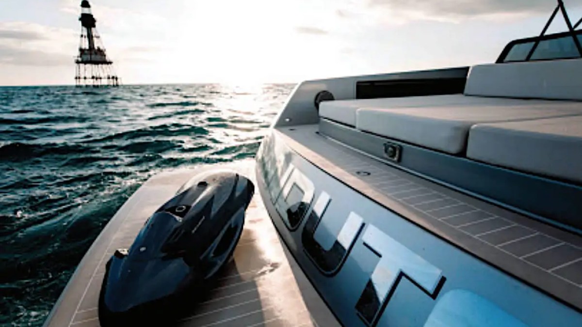 SeaBob resting on swim platform of 55′ VanDutch yacht in Miami Beach