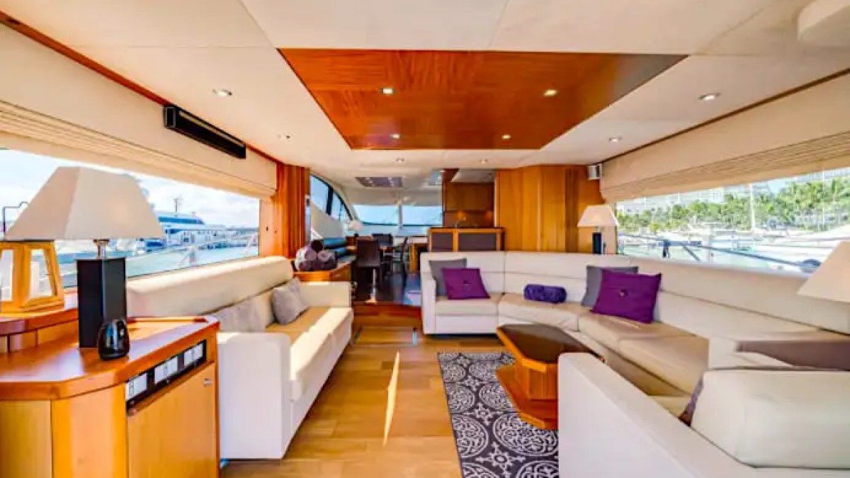 75' Sunseeker yacht charter luxury salon seating interior in Miami Beach