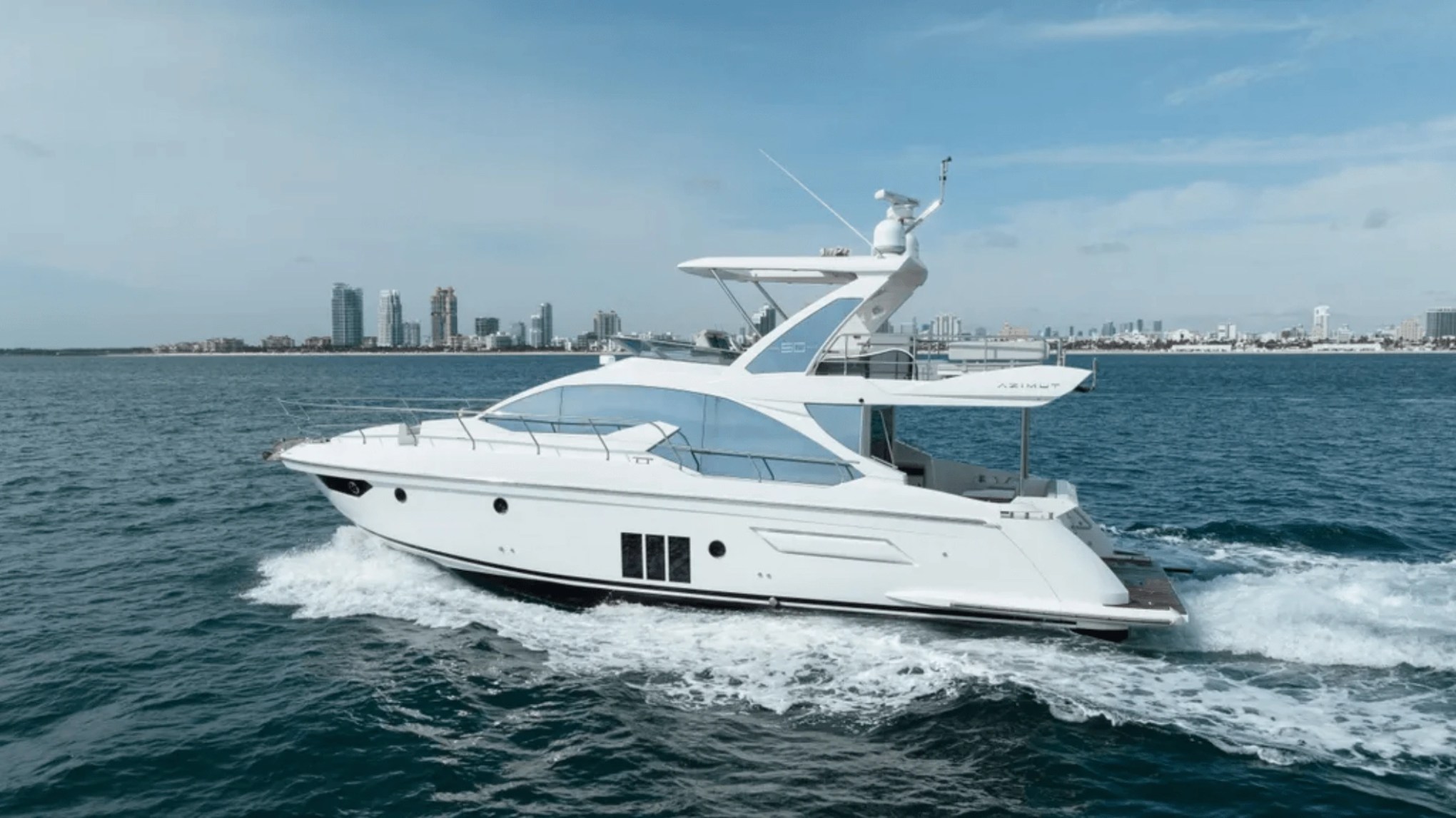 50′ Azimut yacht top-down cruising Biscayne Bay