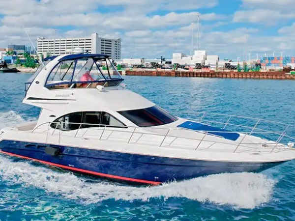 50' SeaRay [2] Yacht Charter cruising through Miami waterways with a blue hull, flybridge seating, open foredeck sun pads, and Downtown Miami waterfront views
