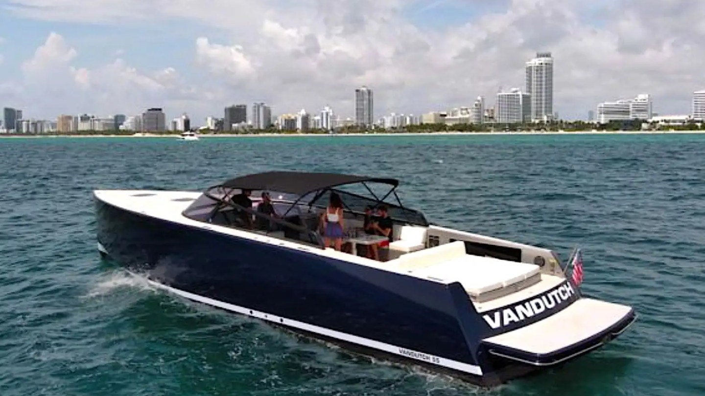 55′ VanDutch yacht side profile with skyline backdrop