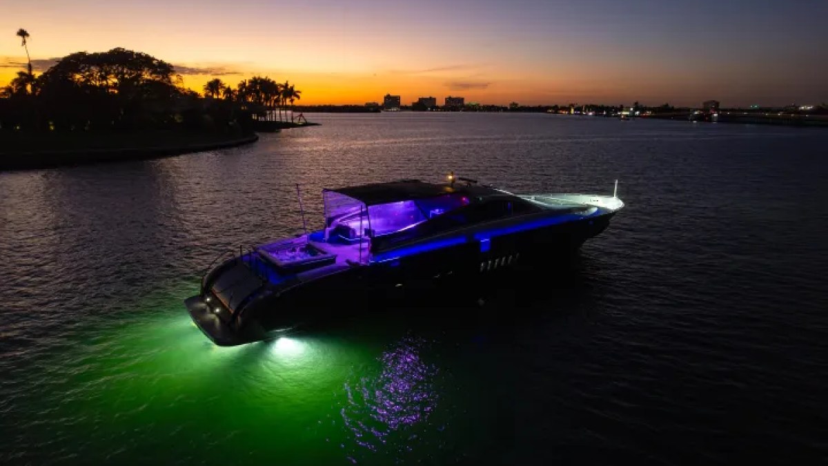 Side aerial drone pass of 94′ Leopard Miami