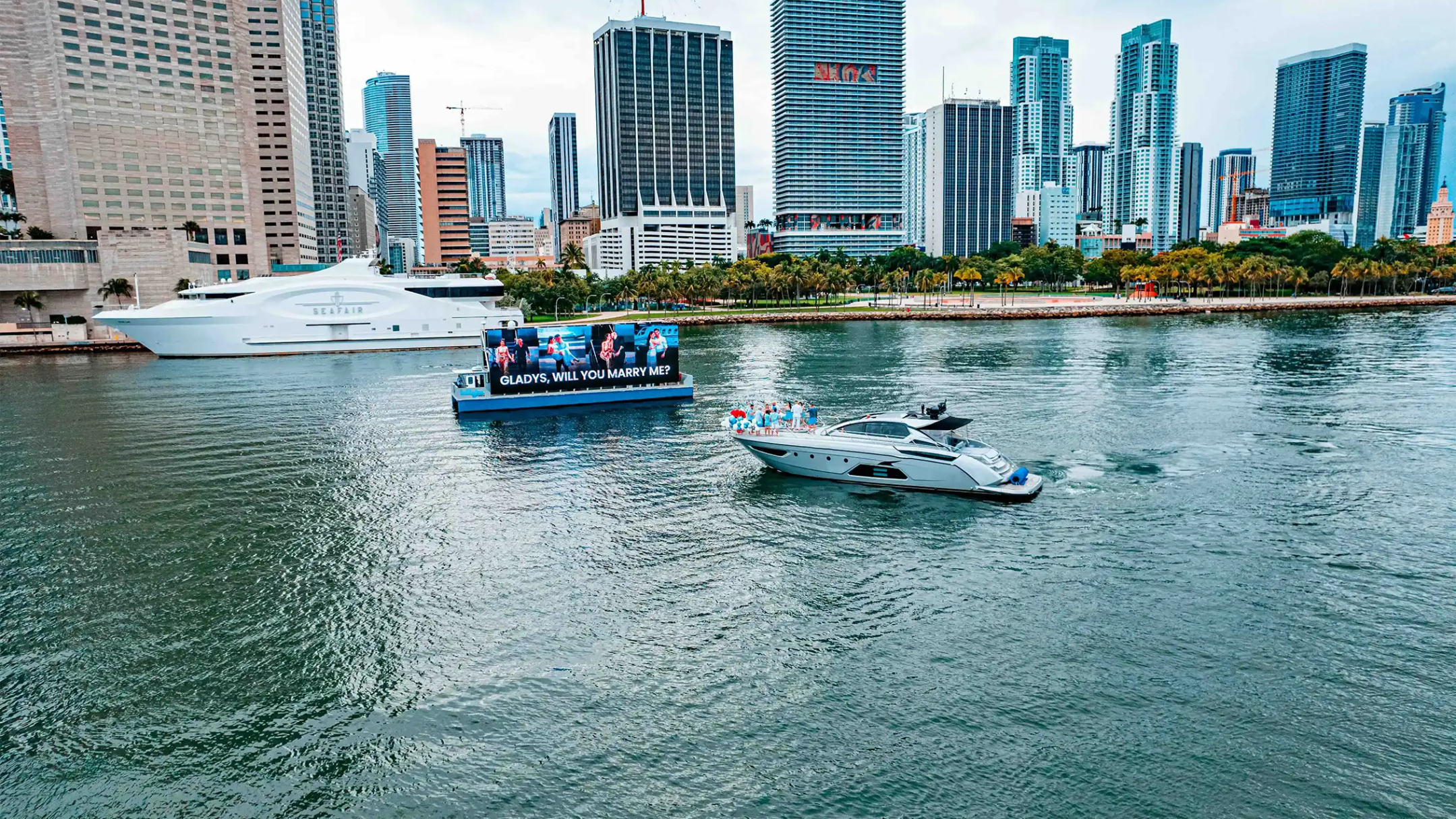Drone skyline & sea-horizon aerial on 64′ Atlantis Miami
