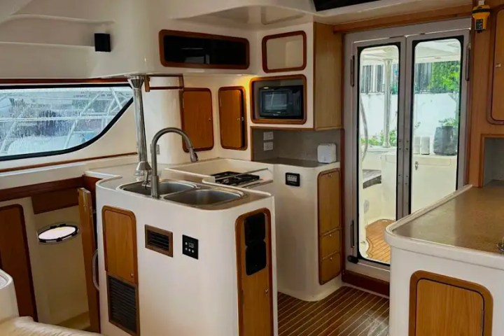 Fully equipped galley on 52′ Africat Miami