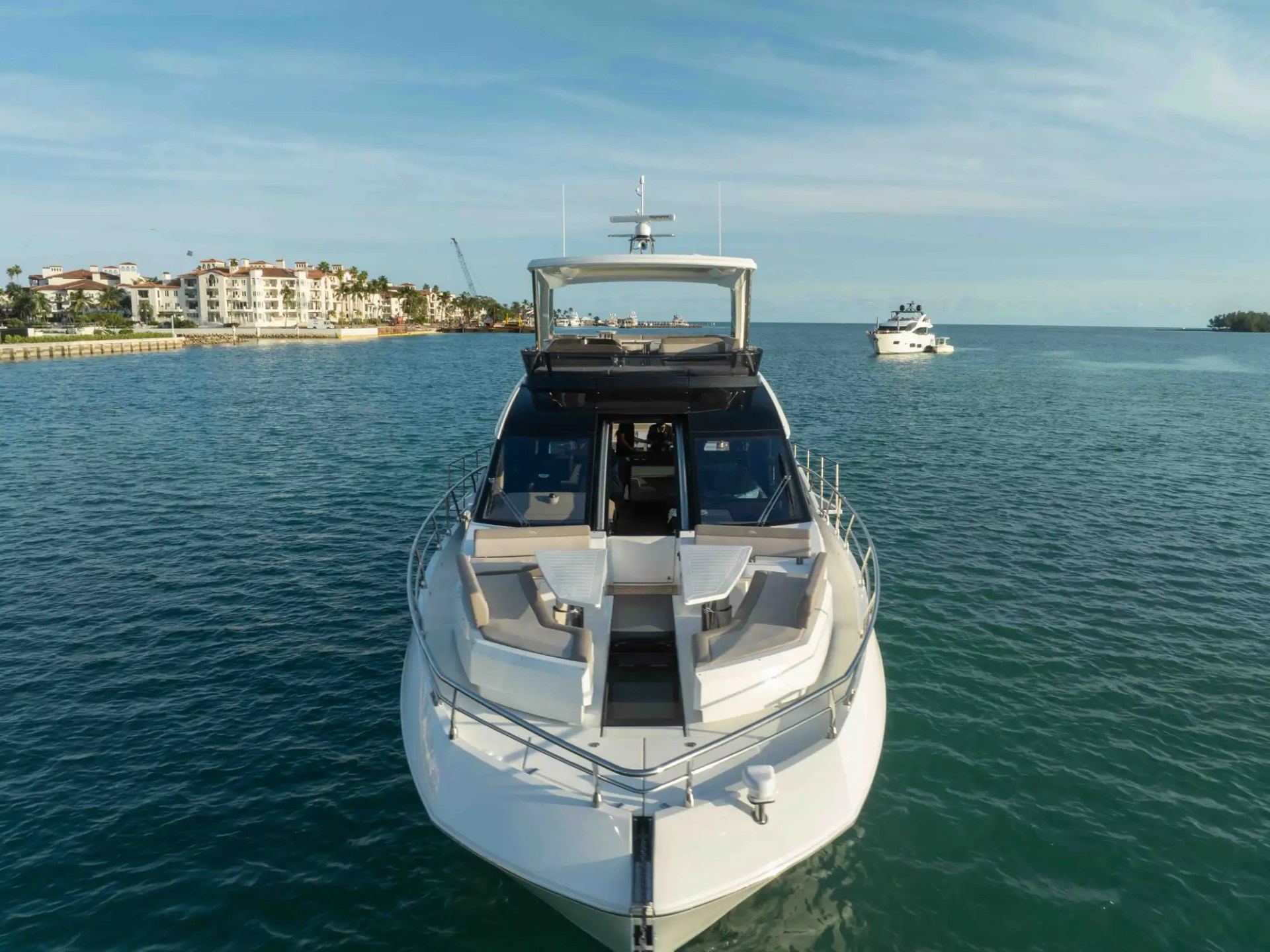 68' Galeon yacht charter Miami bow seating aerial drone view