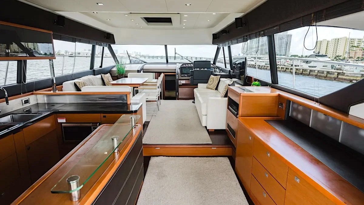 62′ Prestige yacht interior salon with panoramic windows