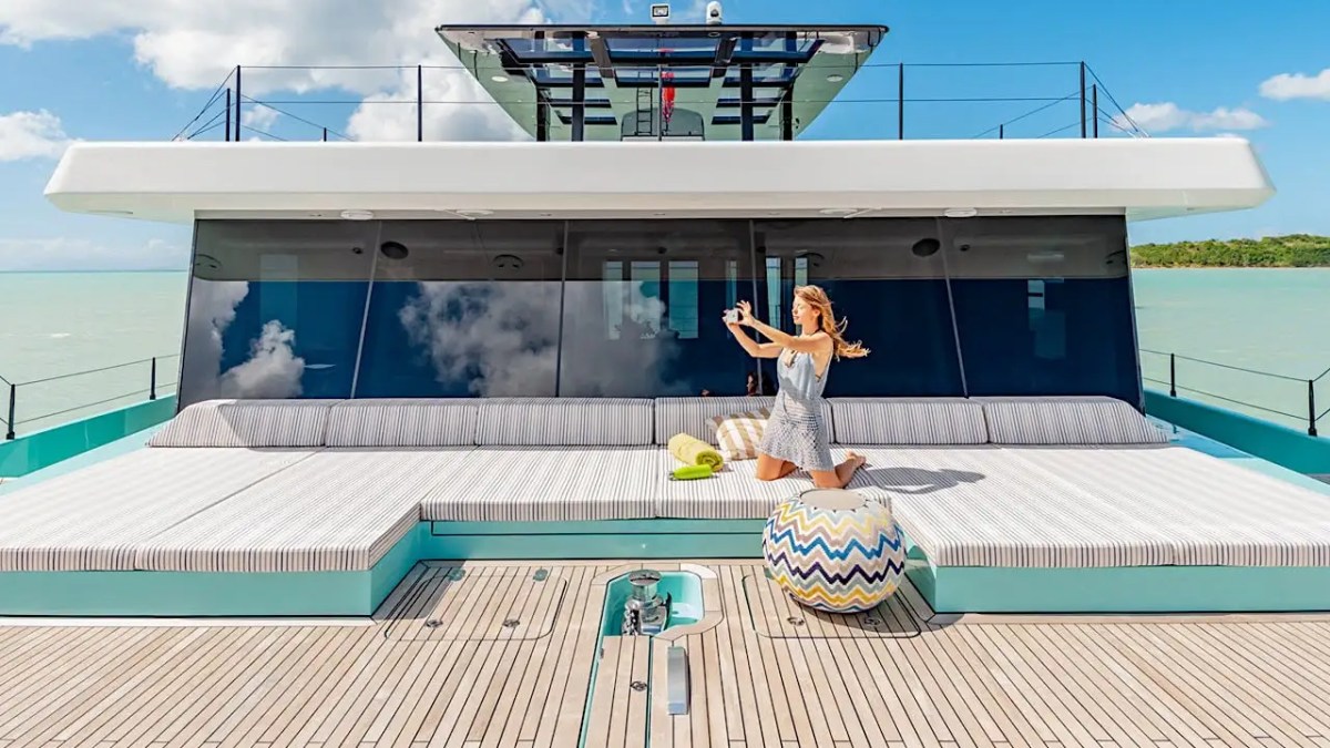 70' Sunreef yacht charter bow sun lounge seating