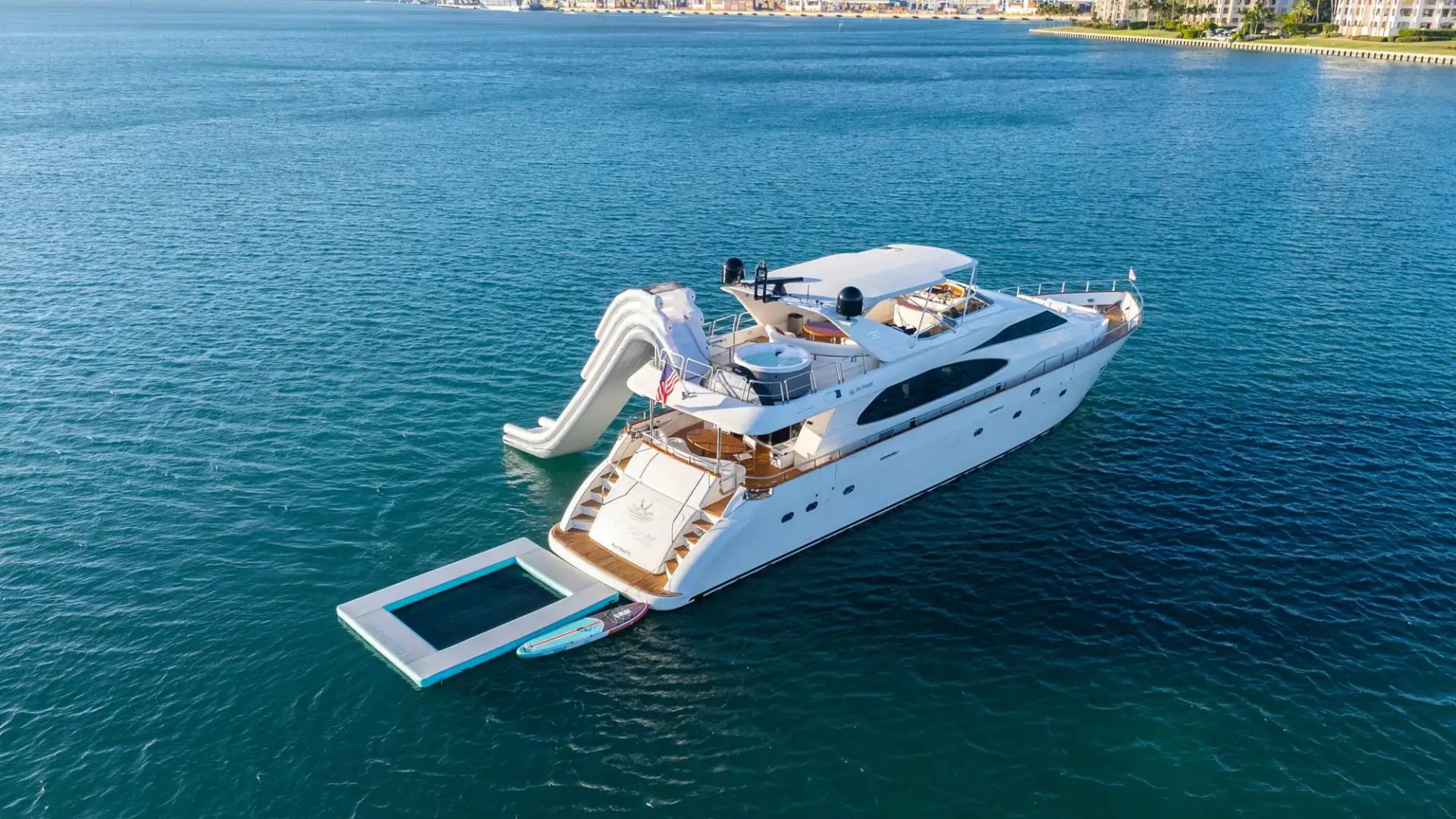 90' Azimut yacht charter aerial view Miami Beach Biscayne Bay skyline