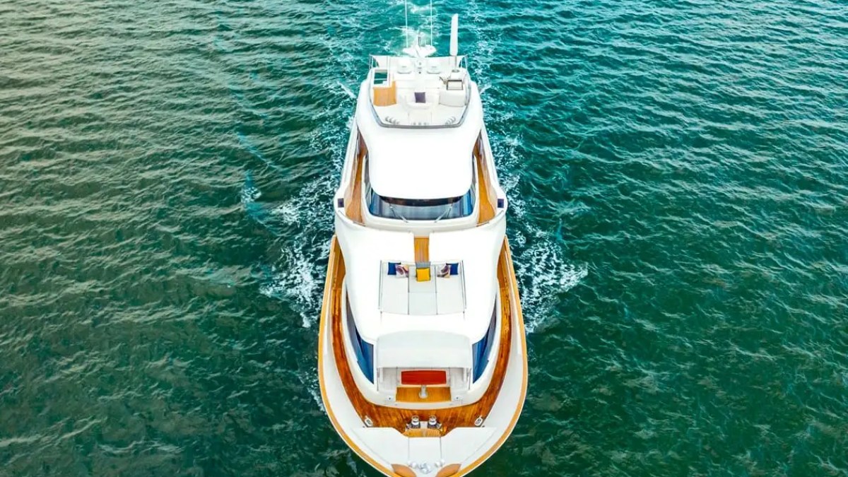 Bow skyline view on 95′ Custom Line Miami