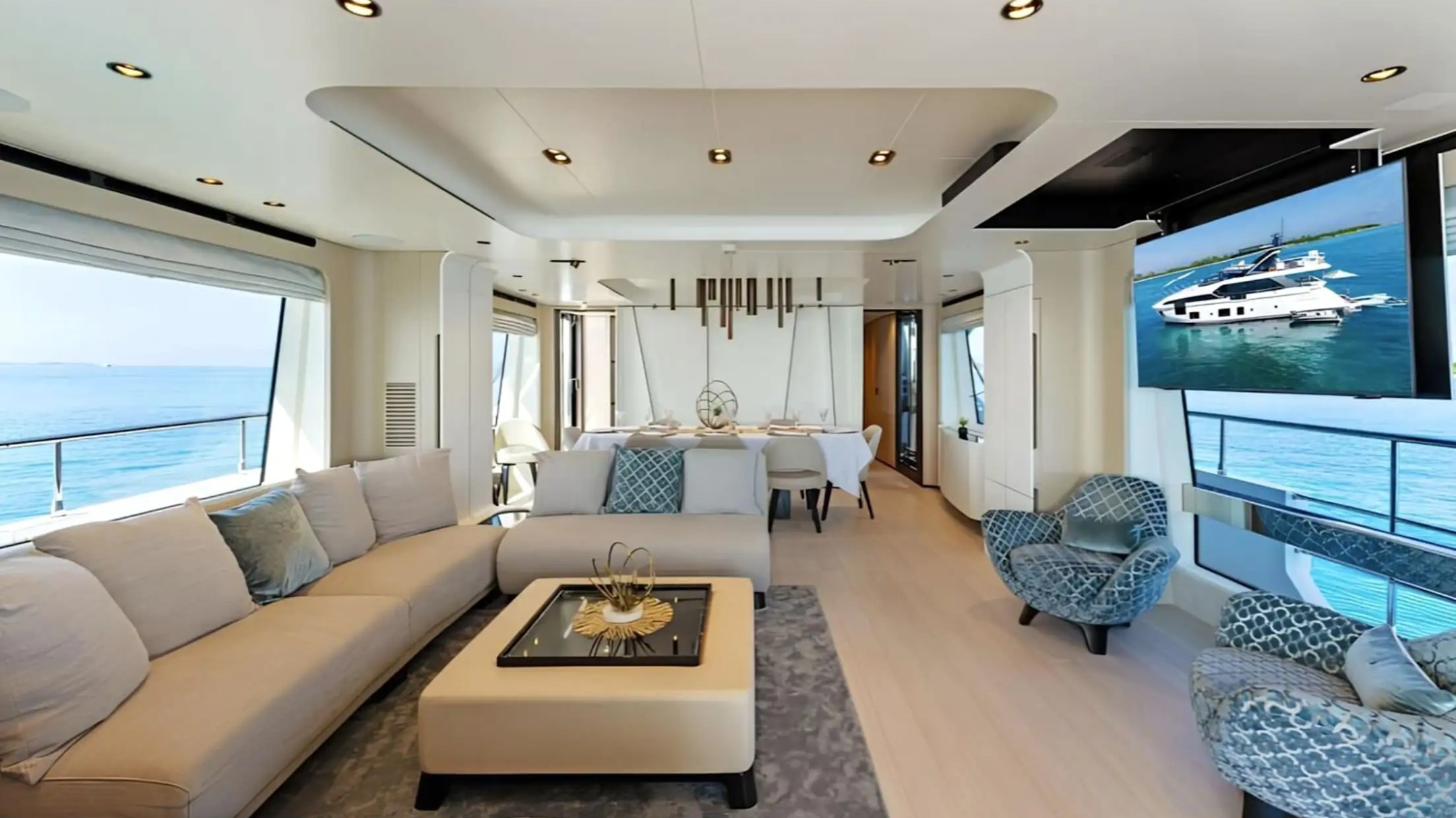 Dining and lounge combined view on 85′ Wally Miami