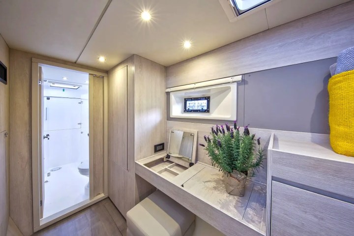 Bathroom interior with vanity and fixtures