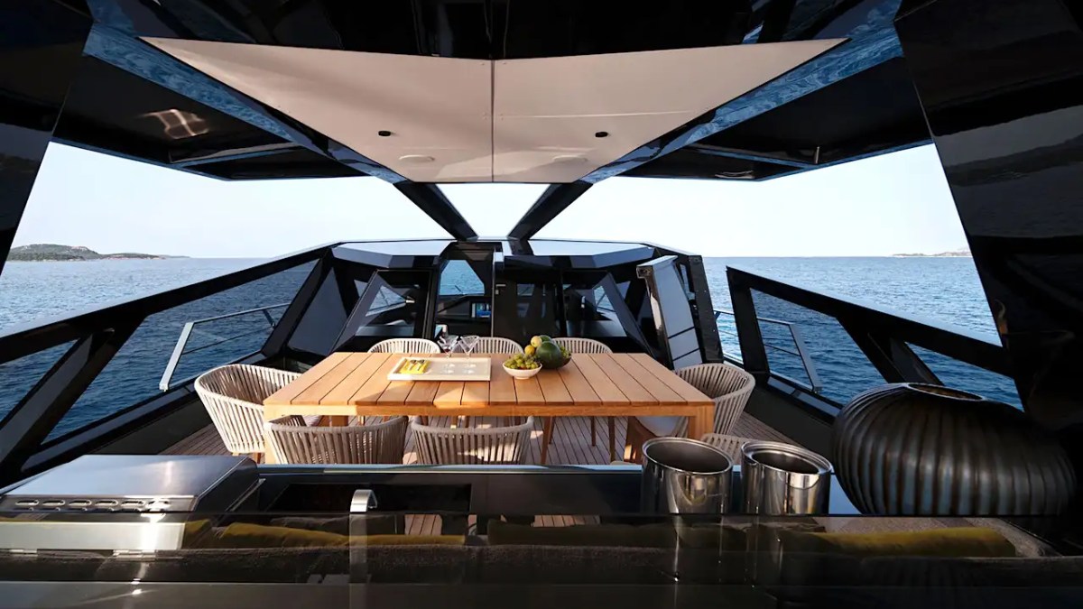 Dining close-up inside 85′ Wally Miami