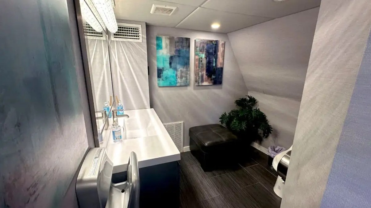 Modern bathroom with sink, art, potted plant, and seating.